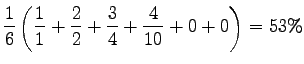 $\displaystyle \frac16 \left(\frac11 +\frac 22 + \frac34
+\frac4{10} + 0 + 0 \right) = 53 \%$