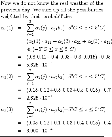 $\textstyle \parbox{.65\linewidth}{
Now we do not know the real weather of the p...
...! 0.4 \!
\cdot \! 0.015)\cdot 0.4 \\
&=& 6.000\cdot 10^{-4}
\end{eqnarray*}}$