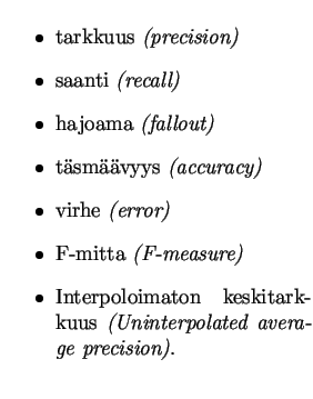 $\textstyle \parbox{.5\linewidth}{
\begin{itemize}\item tarkkuus \textit{(precis...
...aton keskitarkkuus \textit{(Uninterpolated average precision)}.
\end{itemize}}$