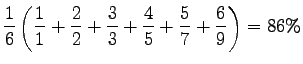 $\displaystyle \frac16 \left(\frac11 +\frac 22 + \frac33 +\frac4{5} +\frac5{7}
+\frac{6}{9}\right) = 86 \%$
