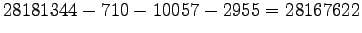 $ 28181344-710-10057-2955=28167622$