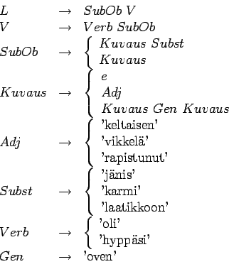 \begin{displaymath}
\begin{array}{lcl}
L &\rightarrow &SubOb ~ V \\
V &\rightar...
... \right. \\
Gen &\rightarrow & \textrm{'oven'} \\
\end{array}\end{displaymath}