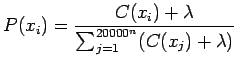 $\displaystyle P(x_i)=\frac{C(x_i)+\lambda}{\sum_{j=1}^{20000^n} ( C(x_j)+\lambda)}$