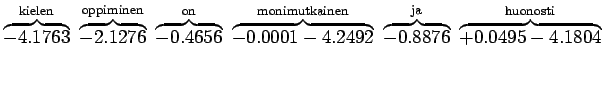 $\displaystyle \overbrace{-4.1763}^{\textrm{kielen}}
~\overbrace{-2.1276}^{\text...
...verbrace{-0.8876}^{\textrm{ja}}
~\overbrace{+0.0495-4.1804}^{\textrm{huonosti}}$