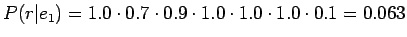 $\displaystyle P(r\vert e_1)=1.0\cdot0.7\cdot0.9\cdot1.0\cdot1.0\cdot1.0\cdot0.1=0.063$