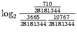 $\displaystyle \log_2\frac{\frac{710}{28181344}}{\frac{3665}{28181344}\frac{10767}{28181344}}$