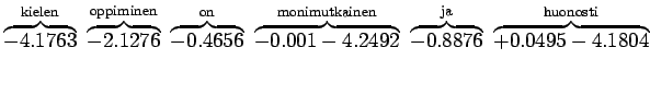 $\displaystyle \overbrace{-4.1763}^{\textrm{kielen}}
~\overbrace{-2.1276}^{\text...
...verbrace{-0.8876}^{\textrm{ja}}
~\overbrace{+0.0495-4.1804}^{\textrm{huonosti}}$