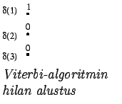 $\textstyle \parbox{.3\linewidth}{
\epsfig{file=viterbi1.eps,clip=,}
\par
\textit{Viterbi-algoritmin hilan alustus}
}$