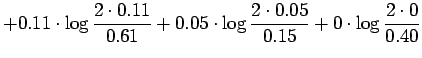 $\displaystyle +
0.11\cdot\log\frac{2\cdot0.11}{0.61} +
0.05\cdot\log\frac{2\cdot0.05}{0.15}
+ 0\cdot\log\frac{2\cdot0}{0.40}$