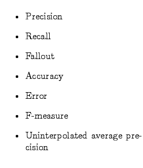 $\textstyle \parbox{.5\linewidth}{
\begin{itemize}\item Precision
\item Recall
\...
...tem Error
\item F-measure
\item Uninterpolated average precision
\end{itemize}}$